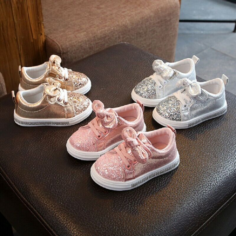 Chaussures de Sport pour petites filles de 1 à 3 ans, baskets à paillettes avec nœud, à semelle plate, brillantes, à la , 1 paire
