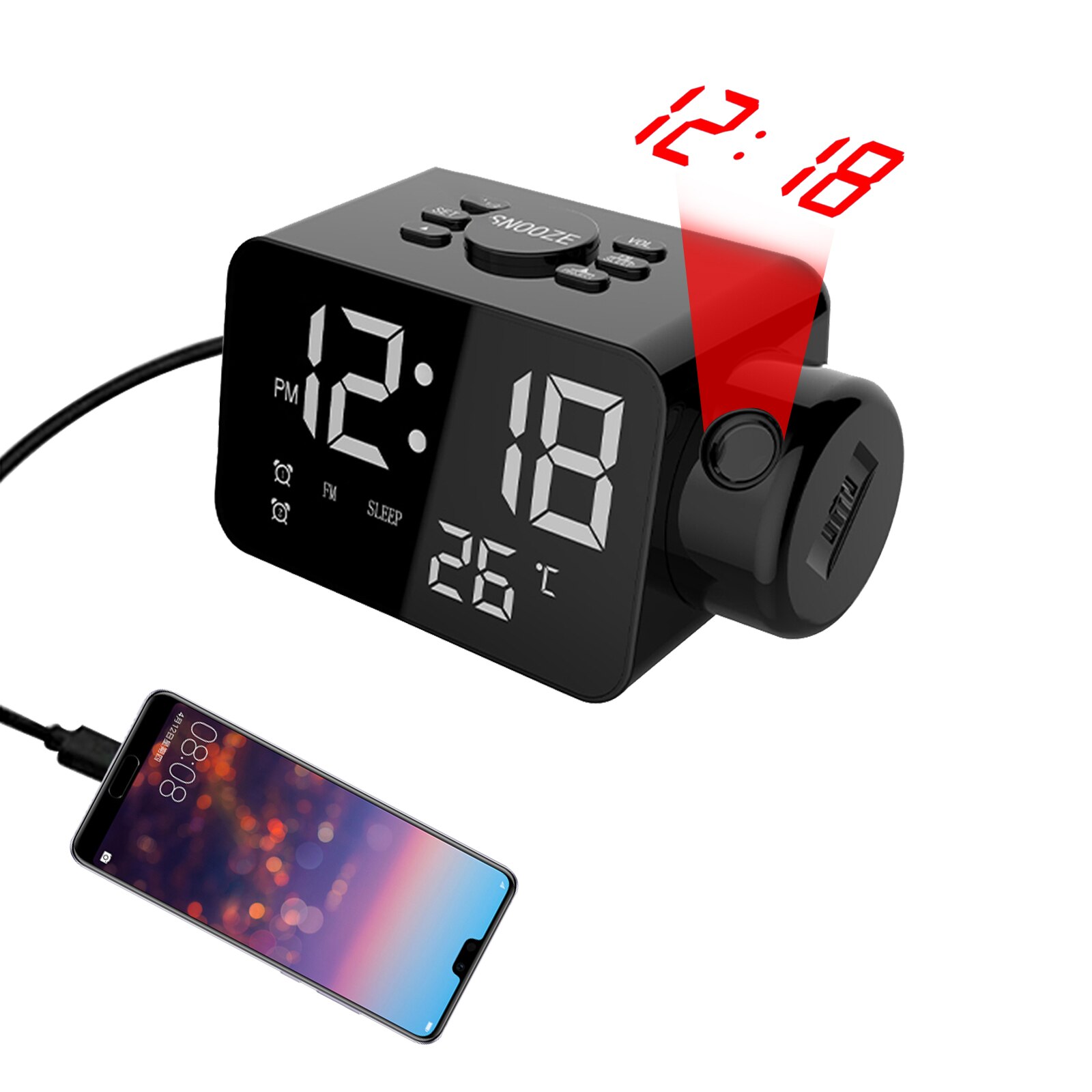 Smart Projection Alarm Clock with LED Inclined Screen FM Radio Solid Color Temperature Display USB Charging Clock