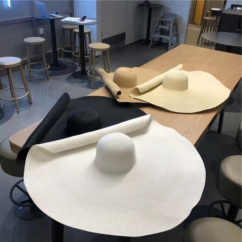 60CM diametro cappello a tesa larga parasole da donna cappello da suola francese uomo donna spiaggia viaggio cappello di paglia cappello da suola pieghevole estivo tutto'ingrosso