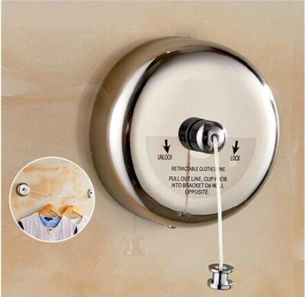 Retractable clothesline indoor Stainless Steel Square/ Round Clothesline outdoor Clothes Dryer with 2.8 M Nylon clothesline rope: round chrome