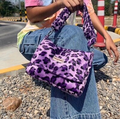 INS Thailand Non-Mainstream Autumn and Winter Cute Color Plush Leopard Pink Color Bags: Purple Leopard-logo