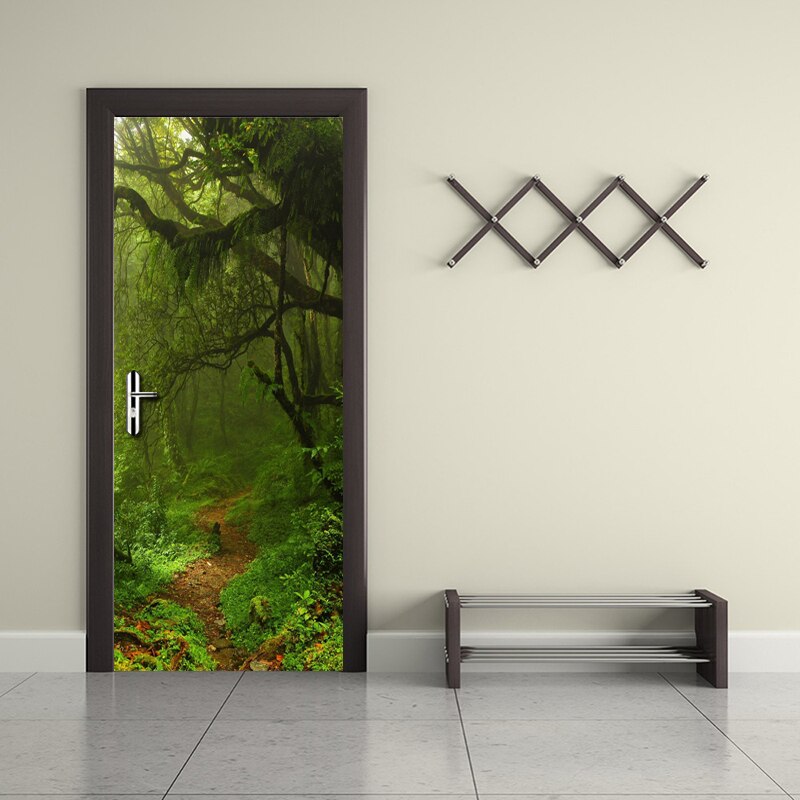 3D Door Mural Green Forest Door Sticker DIY Self-adhesive Waterproof Wallpaper Poster Living Room Home Decoration Wall Decals