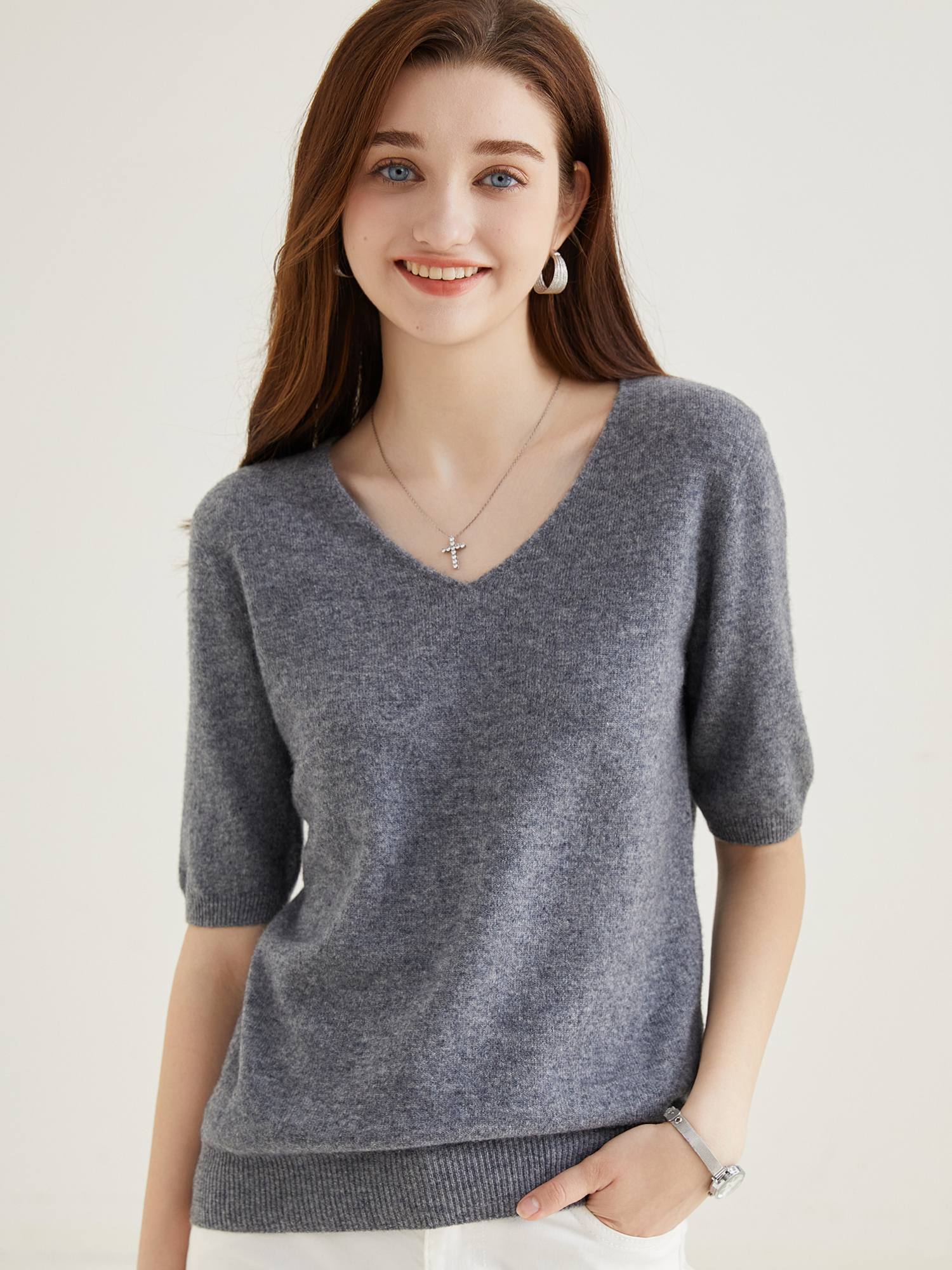 Women's Sweater 100% Merino Wool Sweater for Women Pullover Short Sleeve Tops Spring Summer V Neck Soft Knitted Female Clothing: XXL / Dark Grey