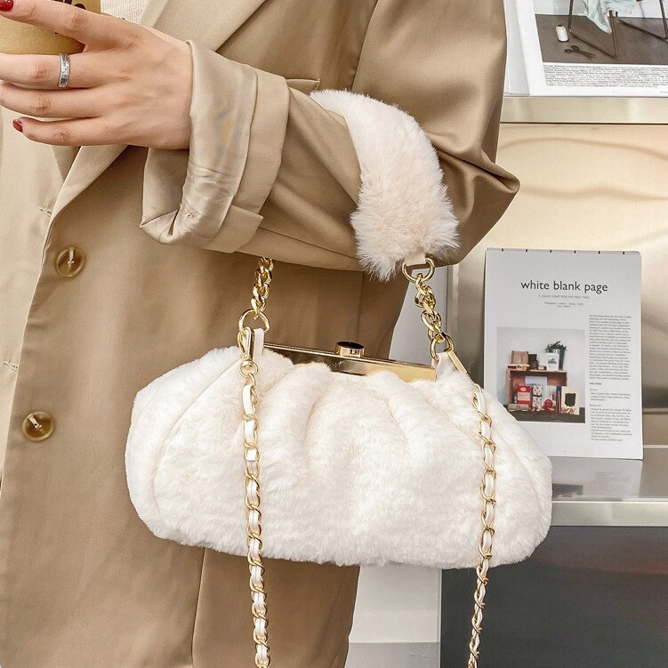 Casual, effen pluchen schoudertas met ketting, herfst/winter, dames, kleine crossbodytas met drukknopen