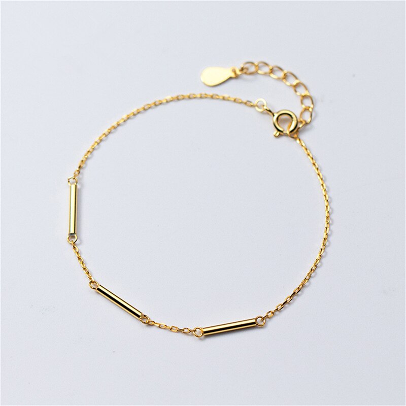 ROMAD Simple 925 Solid Real Sterling Silver Gold Stick Chain 16cm Bracelets For Teen Women Hand Accessories Jewelry R25