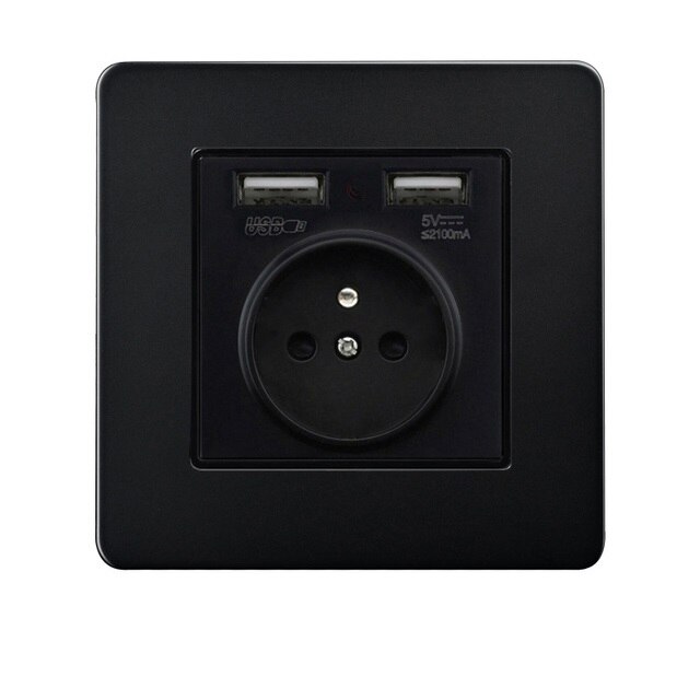 Liwbet Alle Zwarte 1 Gang / 2 Gang / 3 Gang / 4 Gang 2 Way Wall Switch En Roestvrij stalen Paneel Licht Schakelaar En Stopcontact: France USB Socket