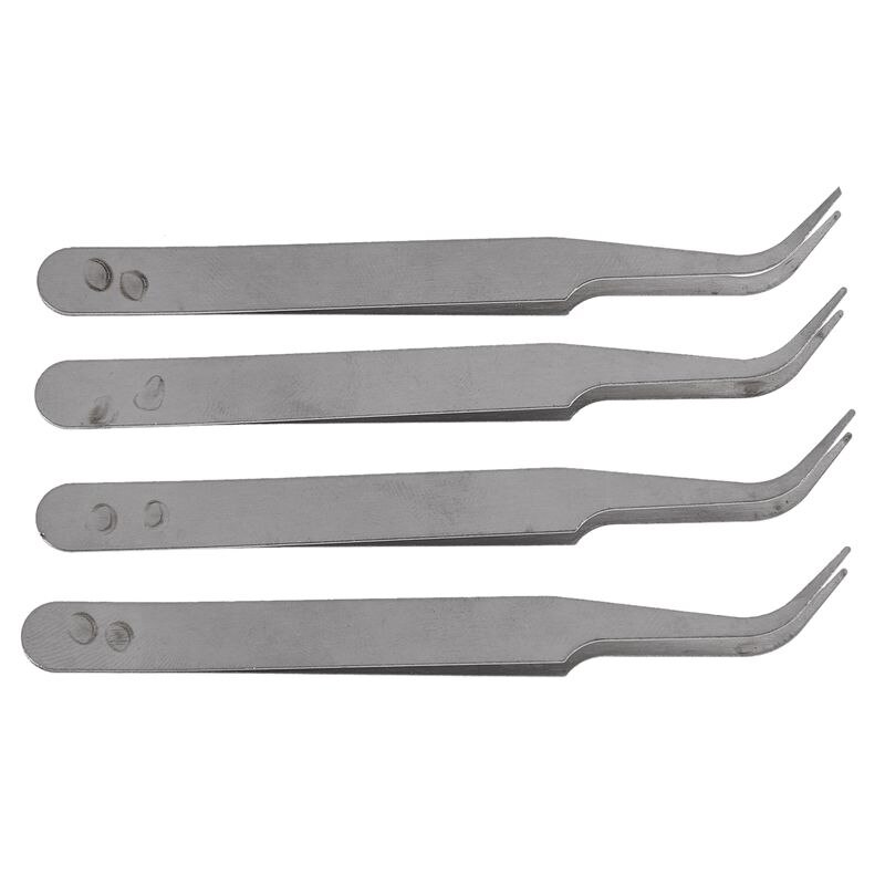 Silver Tone 5 Inch Length Metal Bent Tip Tweezers 4 Pcs