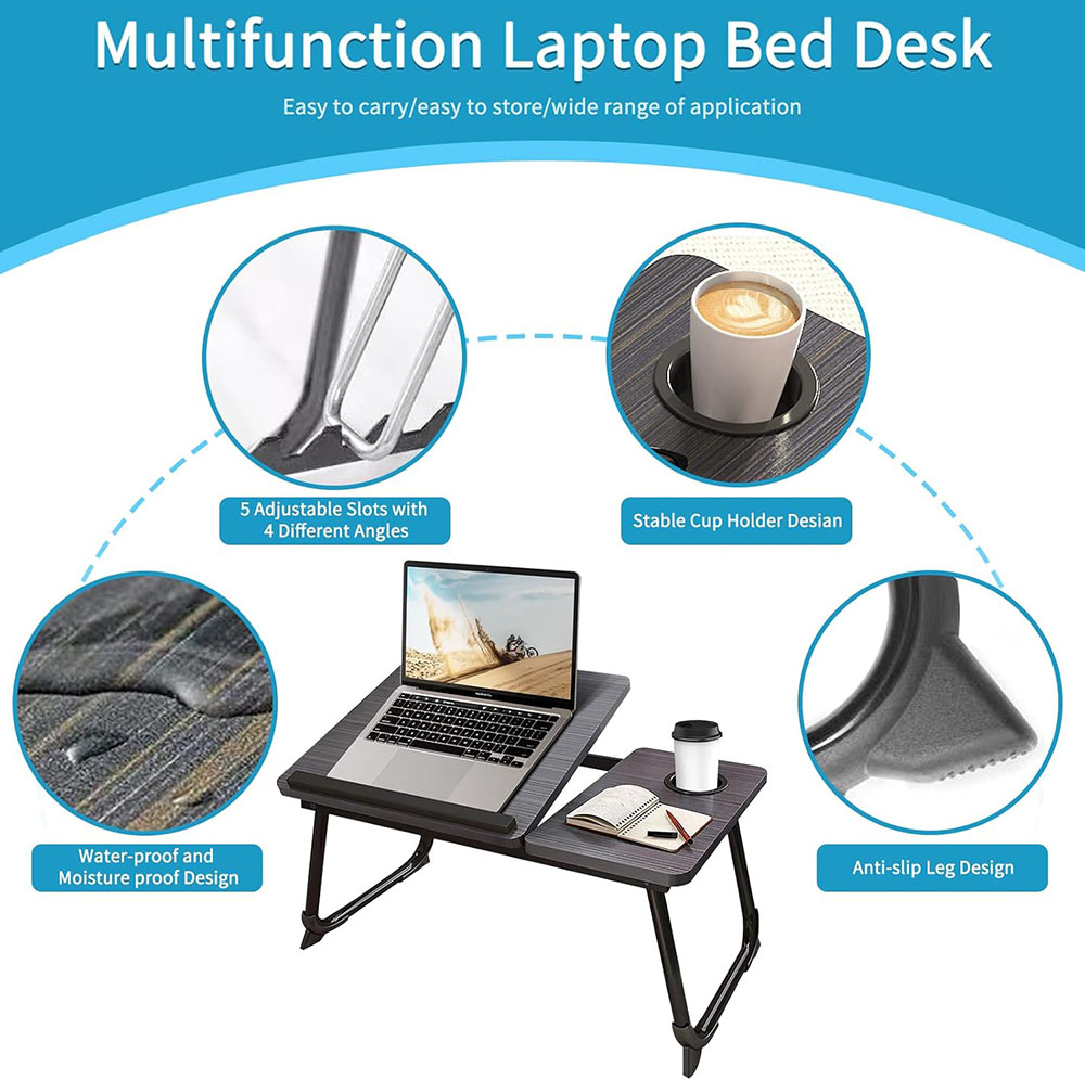 Laptopbord för säng eller soffa, knäbord, skrivbord för att arbeta i sängen, skrivbord för hemmakontor, frukostbricka, skrivbord med mugghållare