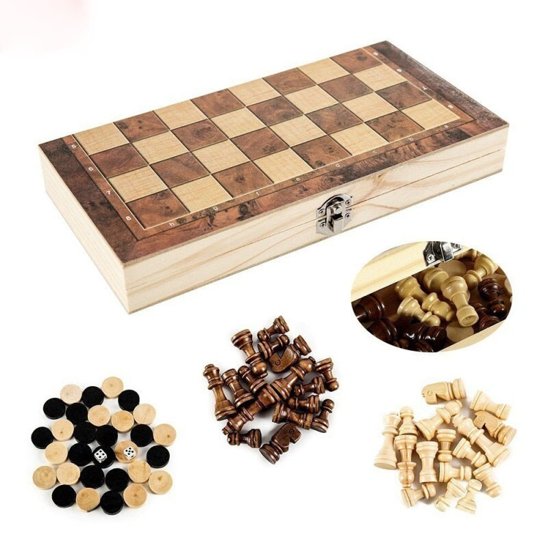 Chess Backgammon Checkers 3 in 1 Wooden Chess Set Travel Chess Game Wooden Chessboard and Wooden Chess Pieces for Paly for