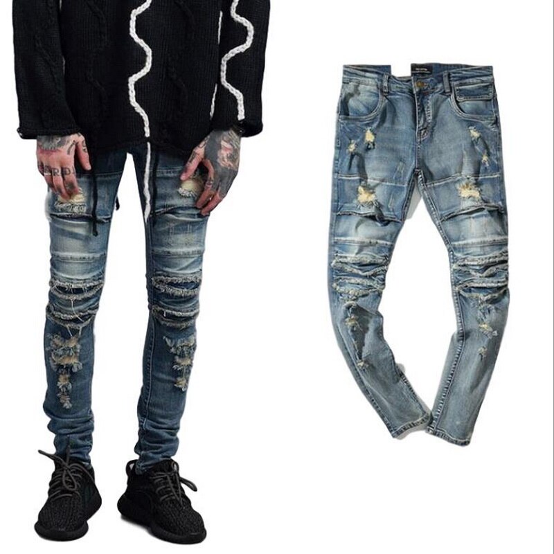 Męskie jeansy dla motocyklistów dżinsy plisowane motocyklowe rowerzysta spodnie dżinsowe męskie szczupły elastyczne żółte spodnie punk dżinsowa plus rozmiar 28 ~ 42