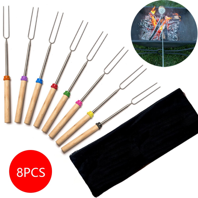 8pcs BBQ Barbecue Skewers Stick Stainless Steel 31-83cm Folding Telescoping Roasting Fork Stick Outdoor BBQ Grilling Accessories
