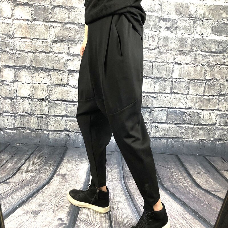 Pantalones de tiro caído para hombre, pantalón harén de estiramiento fino oscuro, color negro puro, estilo japonés, simple, para Otoño e Invierno