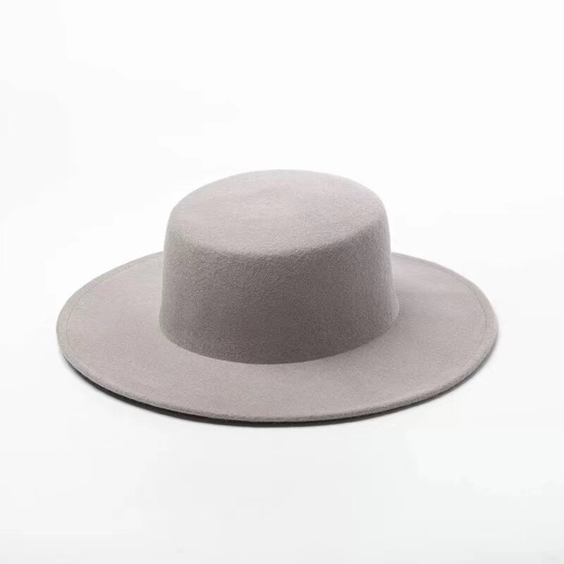 Neue Winter Flache oben Fedoras Hüte Für Frauen Männer Einfarbig Wolle Jazz Kappe Breiter Krempe Damen Elegante Kappen Bowler Hüte Kap: grau