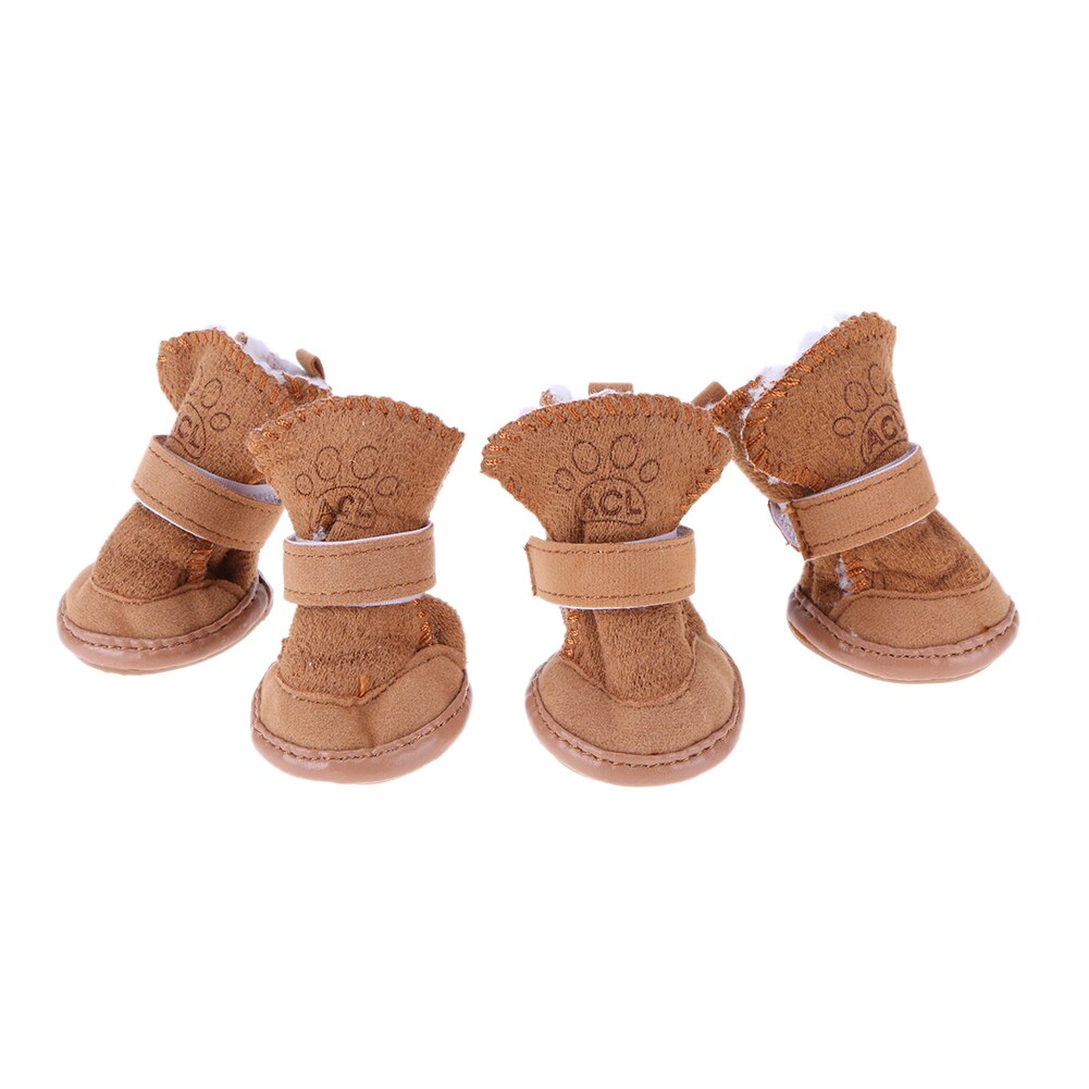 Solid Soft Lovely Puppy Shoes Thicken Warm Fleece Pet Shoes Snow Boots Adjustable Strap Pet Socks Pet Accessories: Brown / L
