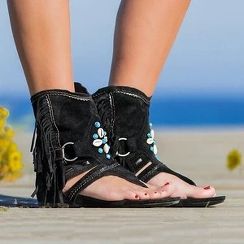 Sandalias Retro con flecos y flores para mujer, zapatos informales de playa, chanclas de verano,