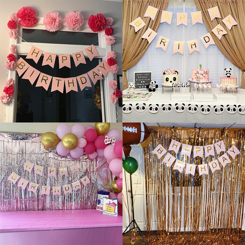 13pcs/set Rose Pink Happy Birthday Banner Signs Golden blue Hanging Flag Birthday Party Supplies rainbow clolor Bunting Decor