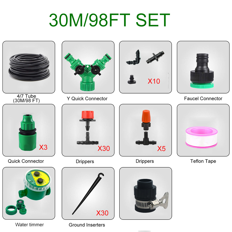 50/30m vanding drypvandingssystem automatisk vanding kit havevandingstimer slangesystem drivhus drypvanding: Sæt 3