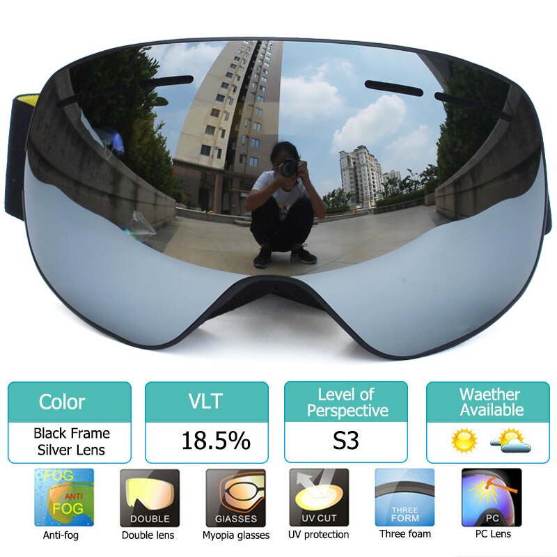 100% UV400 Bescherming Magnetische Ski Bril Lens Anti-Fog Snowboard Goggles Voor Mannen &amp; Vrouwen Skiën Bril: Black Silver