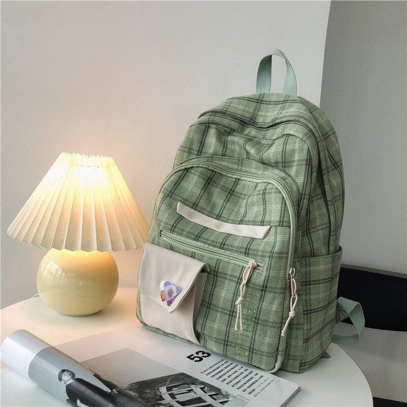 Dcimor Grande Capacidade Multi-Bolso Algodão E Linho Mochila Feminina Estilo Preppy Xadrez Mochila Estudante Universitário: Green / with Pendant