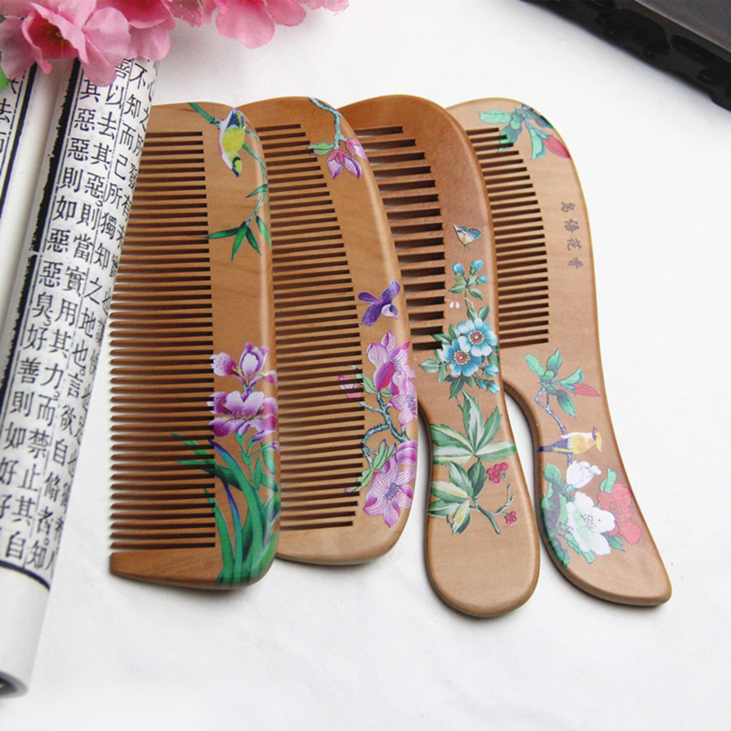 1Pcs Peach Wood Comb Flower Painted Anti-Static Natural Head Massage Comb Handmade Wooden Hair Comb Hair Styling Tools For