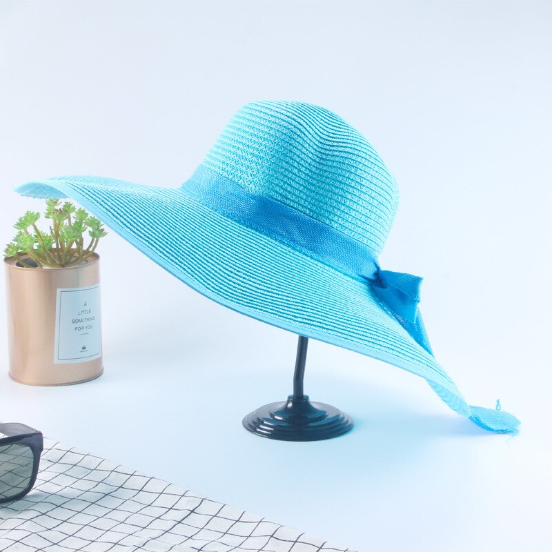 printemps été chapeau de paille femmes tempérament nœud papillon grand bord soleil chapeau Panama Style extérieur plage parasol chapeau de soleil: Bleu ciel