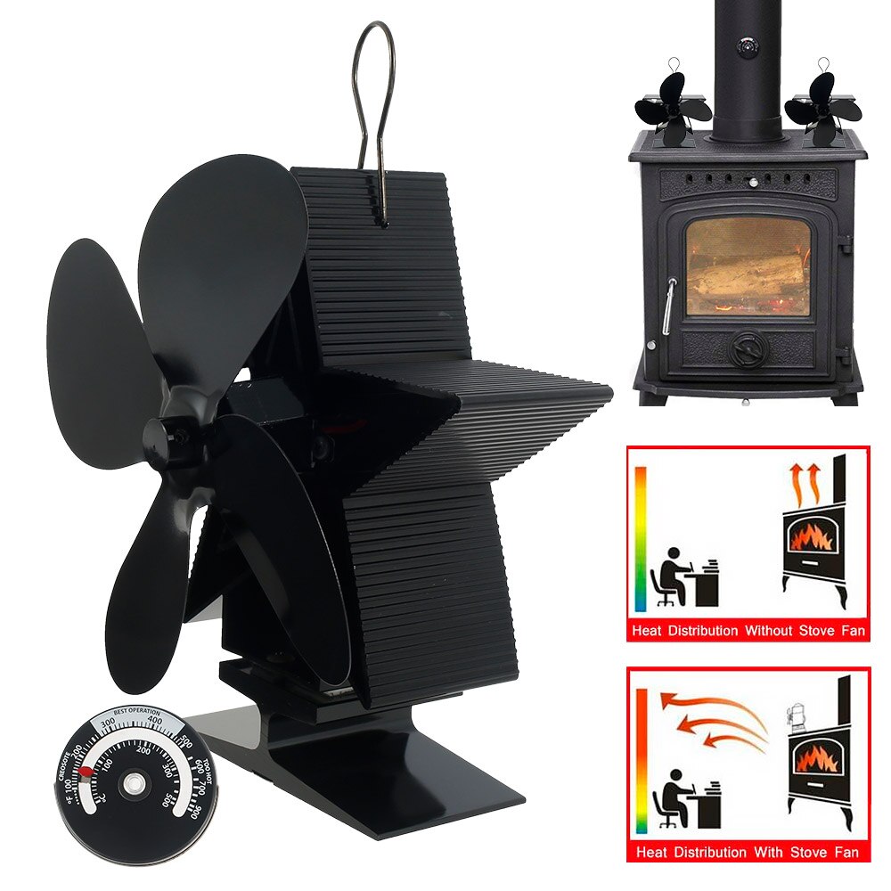 Distribution de chaleur à la maison de ventilateur tranquille de brûleur à bois de rondin de la cheminée 4 noire ventilateur de poêle à moteur thermique de lame avec le thermomètre