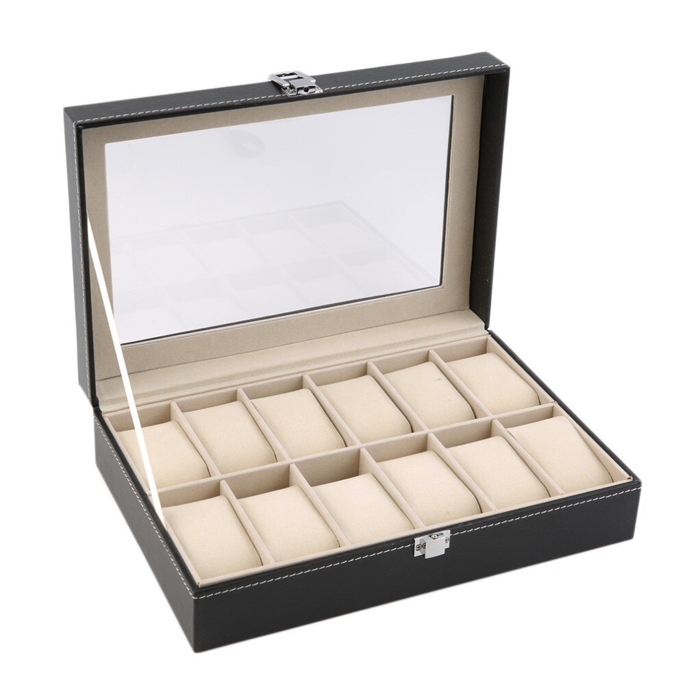 2/6/10/12 slots gitter pu læder ur display boks smykker opbevaring organisator sag låst ur display boks