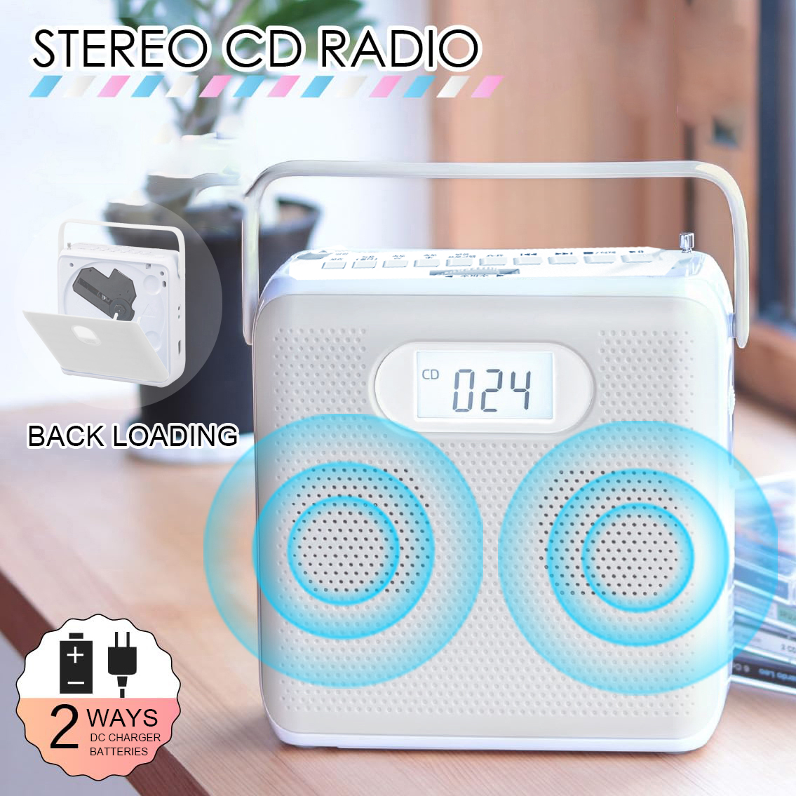 Leitor de CD portátil Bluetooth com alto-falantes USB/MP3 e rádio FM design vertical com DC 5V e bateria