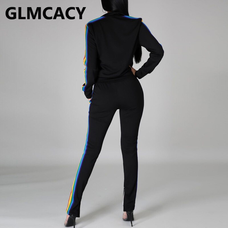 Vrouwen Side Regenboog Gestreepte Twee Stuk Past Regualr Rits Jas & Slit Broek Set