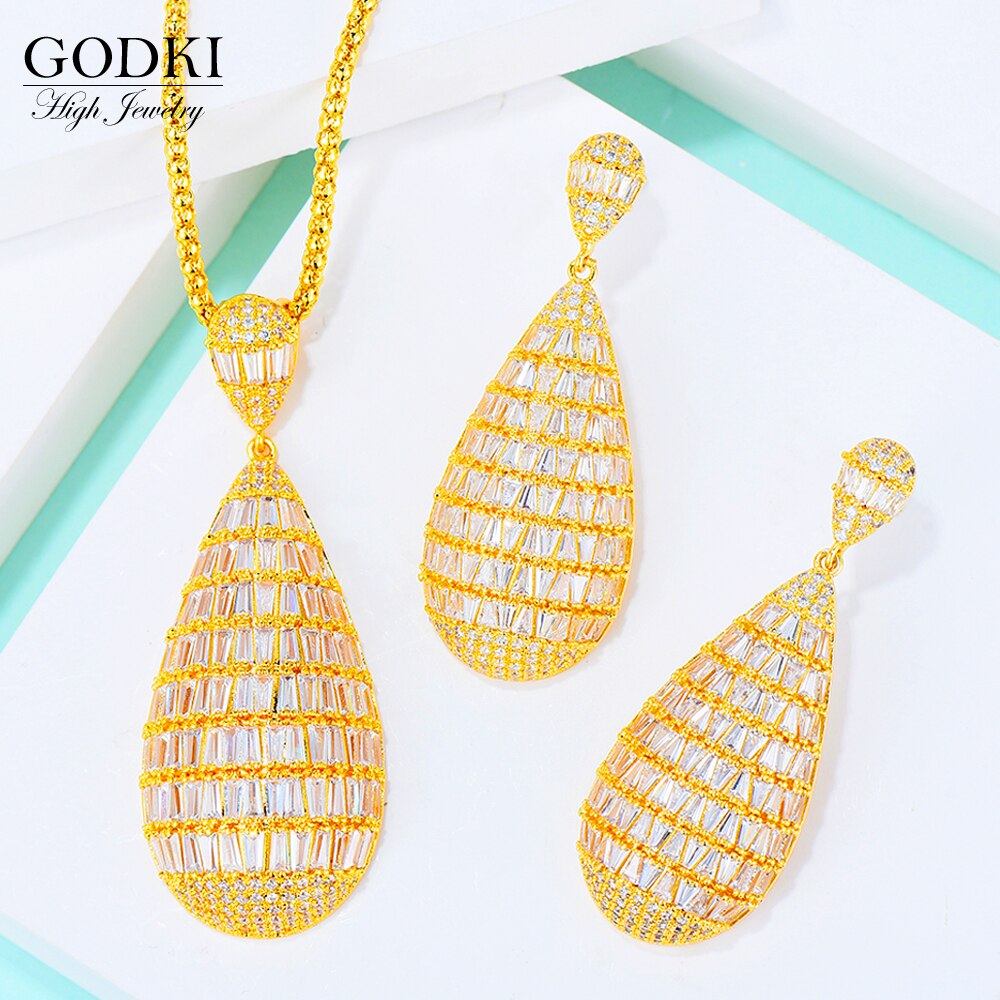 GODKI lujo circón cúbico de gota de agua nigeriano collar pendiente juegos de joyas para mujer boda Dubai indio conjuntos de joyería nupcial