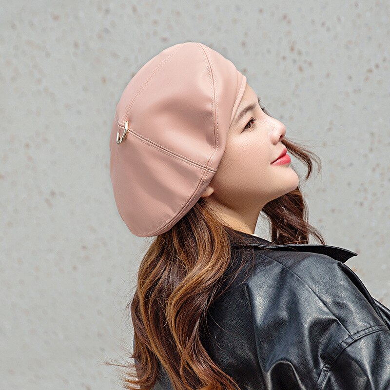 USPOP Neue frauen Baskenmützen weichen pu baskenmütze weibliche eisen ringe Baskenmützen Winter Hütte: Rosa