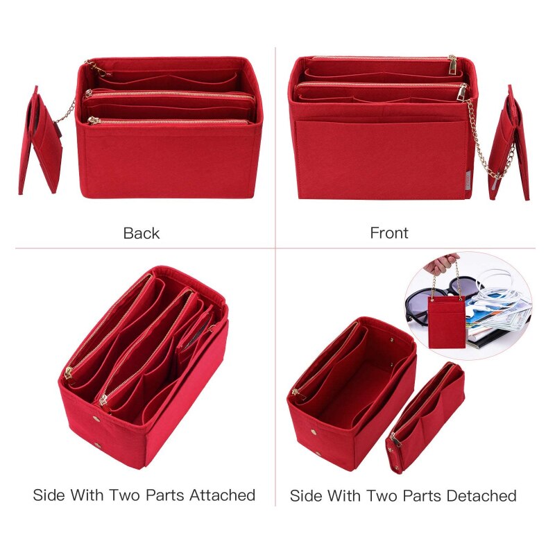 Vilt Cosmetische Tas Met Portemonnee Insert Bag Voor Handtas Organizer (W/Afneembare Zip Pocket) make Up Organizer Fit Neverfull Speedy: Rood / 34x18x17cm