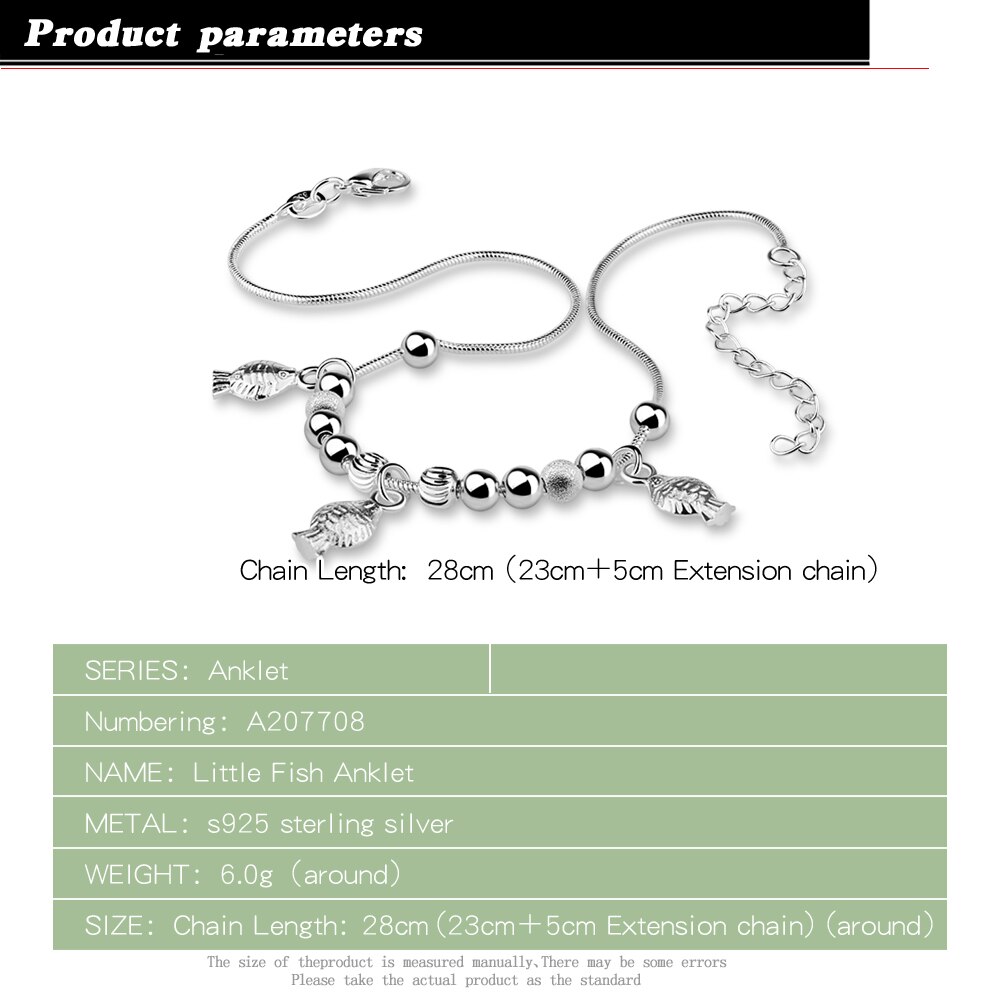 Zomer Vrouwen Pure 925 Zilveren Enkelbandje Charm Fish Hanger Snake Chain 20-28Cm Enkelband Sandalen Sieraden karabijn