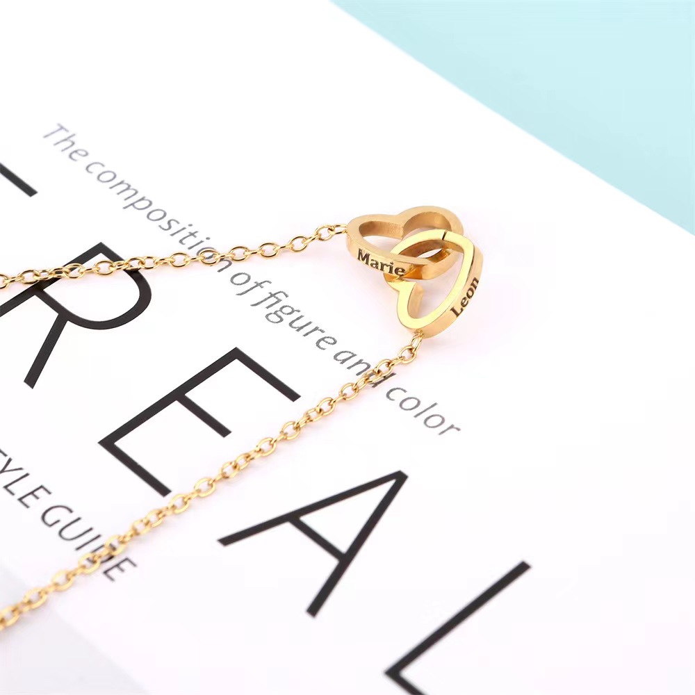 Collares con nombres grabados personalizados con colgante de 2 corazones de acero inoxidable a la Simple para novia y mujer