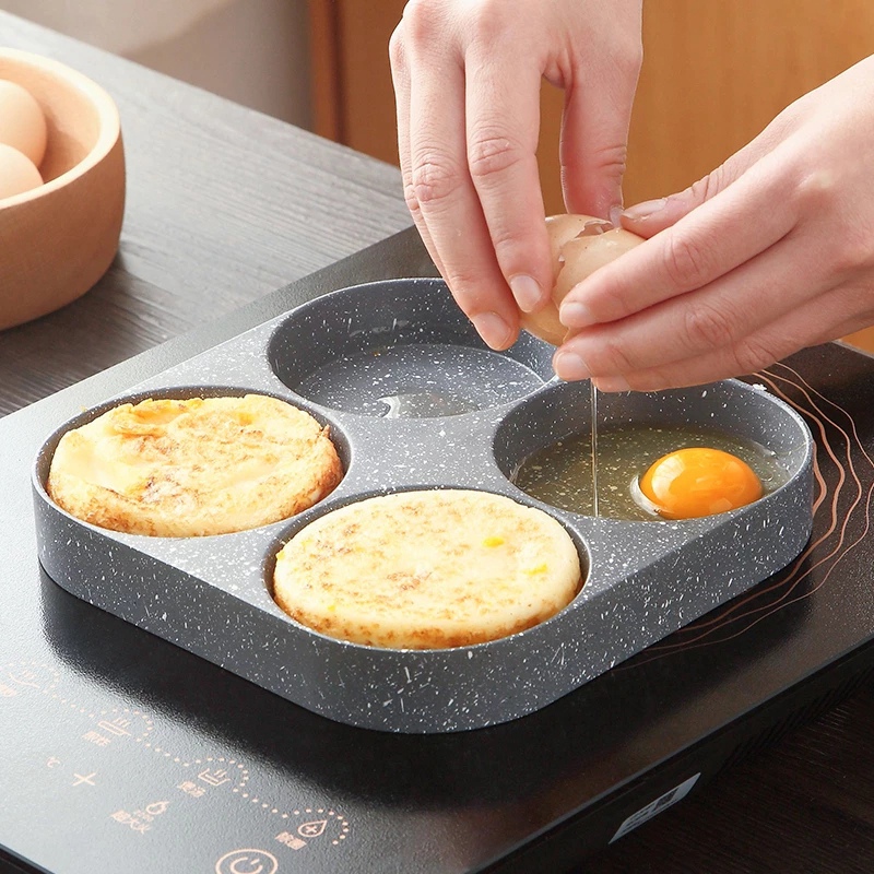 4 Holes Egg Frying Pan Multifunction Hamburger Steak Non Stick Pan Wooden Handle Cooking Pan Cooking Utensils