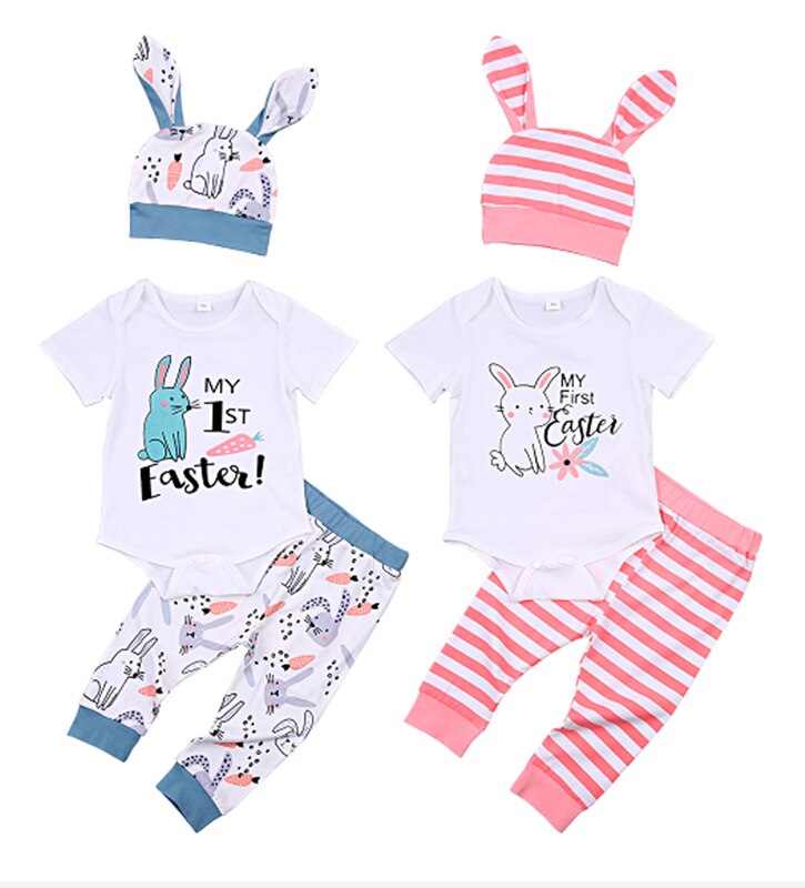 Citgeett Summer Easter 0-18 Months Baby Girls Boys Clothes Cute Rabbit Letter Long Sleeve Romper Stripe/Print Pants Hat Set