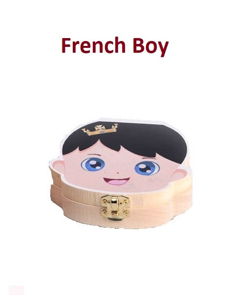 Caja de dientes de bebé colorido español inglés francés italiano caja de dientes de madera organizador guardar dientes de leche almacenamiento de madera: French Boy