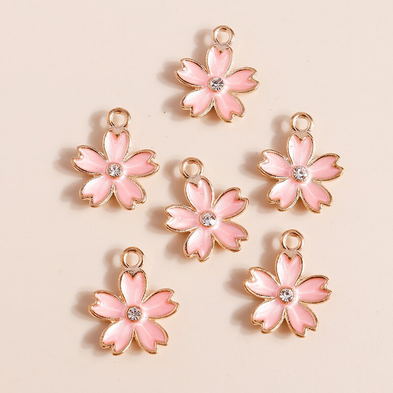 Dijes de flores de cristal rosa para fabricación de joyas, abalorios de plantas de aleación esmaltada para collar y pendientes, 10 piezas, 14x17mm