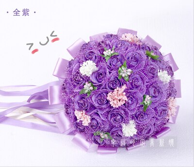 Fioletowy bukiet ślubny sztuczne 45 sztuk sztuczny kwiat róży z wstążka duży bukiet ślubny kwiaty druhny suknie ślubne uchwyt na: FIOLETOWY