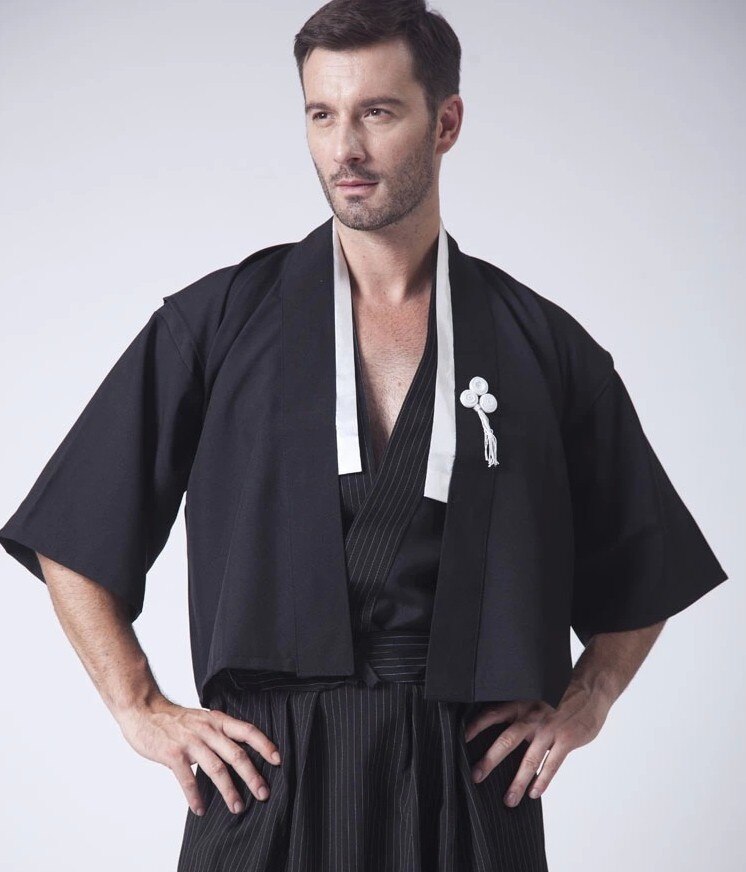 Vintage sort japansk mænds kriger kimono med obi traditionel yukata samurai tøj konvention kostume en størrelse