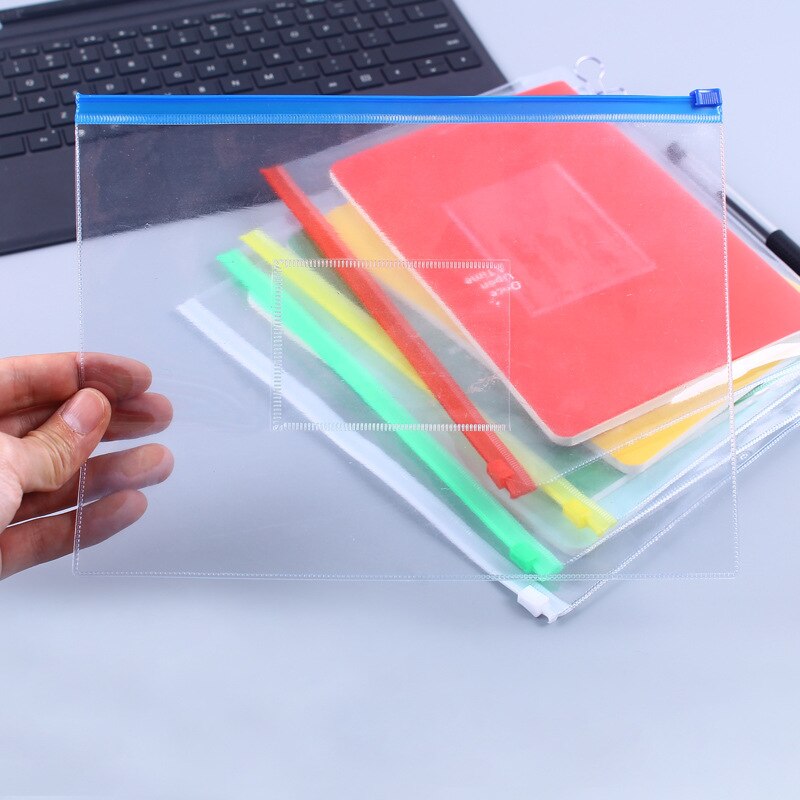 Sobres de plástico con cremallera para escuela y oficina, organizadores transparentes de polietileno, carpetas de archivos con cremallera, tamaño A4, 5 colores, 5 uds.