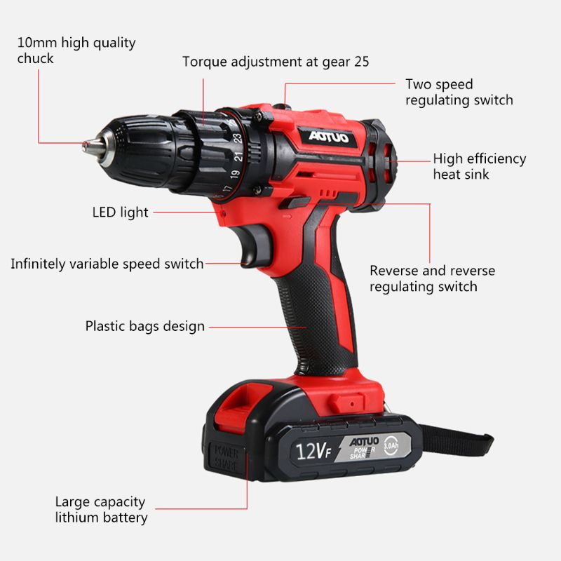 12V Elektrische Schroevendraaier Draadloze Power Driver Dc Oplaadbare Lithium-Ion Batterij Thuis