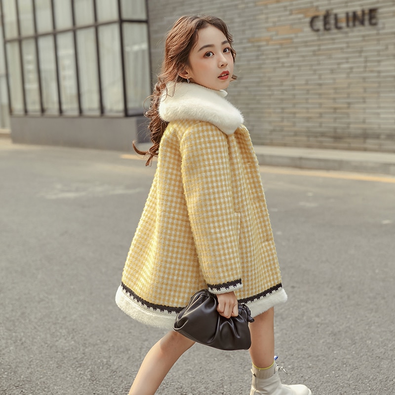 Kids Girls Woolen Jackets Winter Long Plaid Woolen Jackets Fur Collar Outerwear Teenager Girl Wool Coat Children Clothing: yellow / 5T