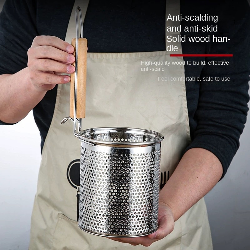 Stainless Steel Funnel Wooden Handle Cooking Noodles Fishing Rice Noodle Funnel Kitchen Gadgets Cooking Noodles Sieve Spoon
