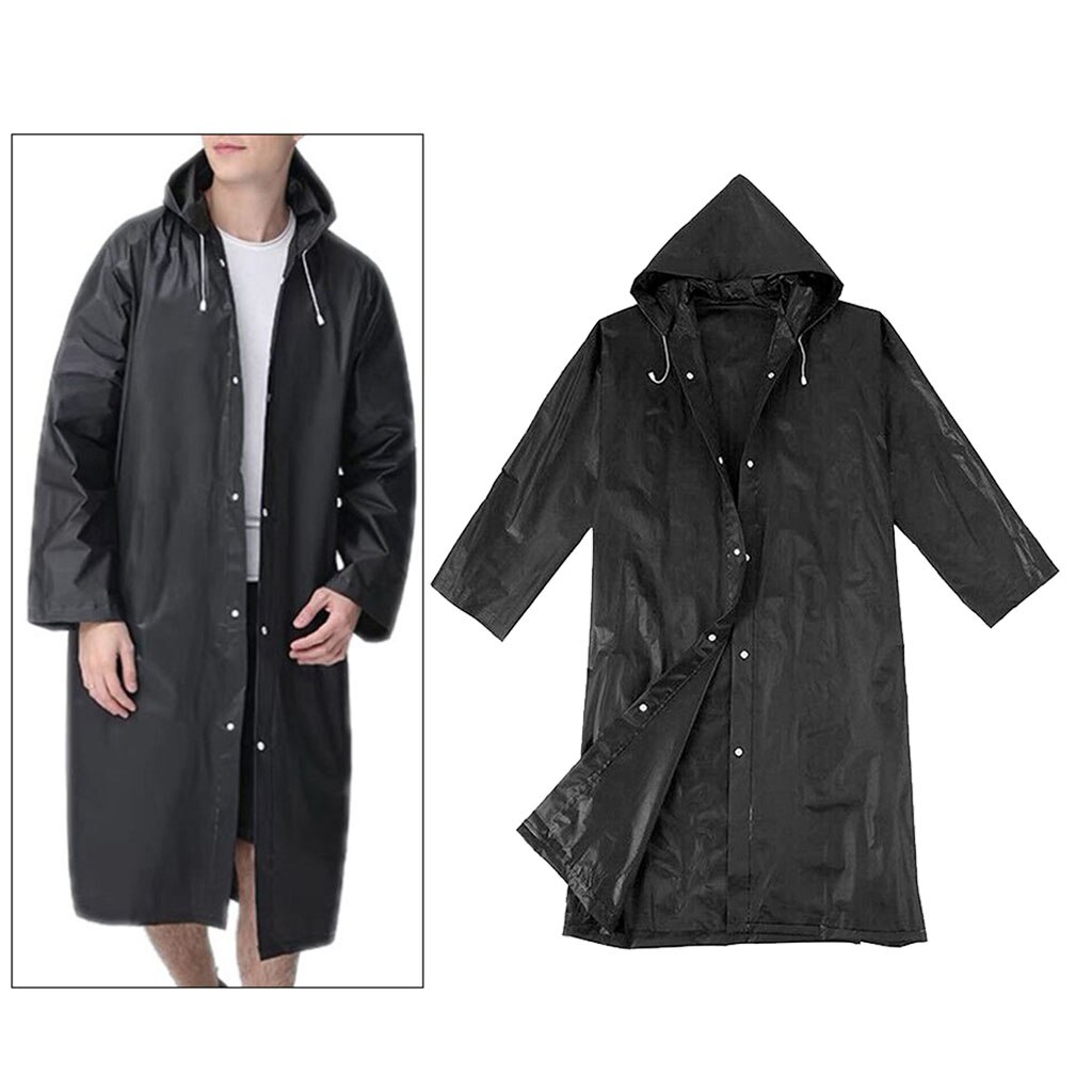 Women Men Solid Black Rain Poncho Long-Sleeved Hooded Raincoat Waterproof Packable Rain Jacket with Drawstrings