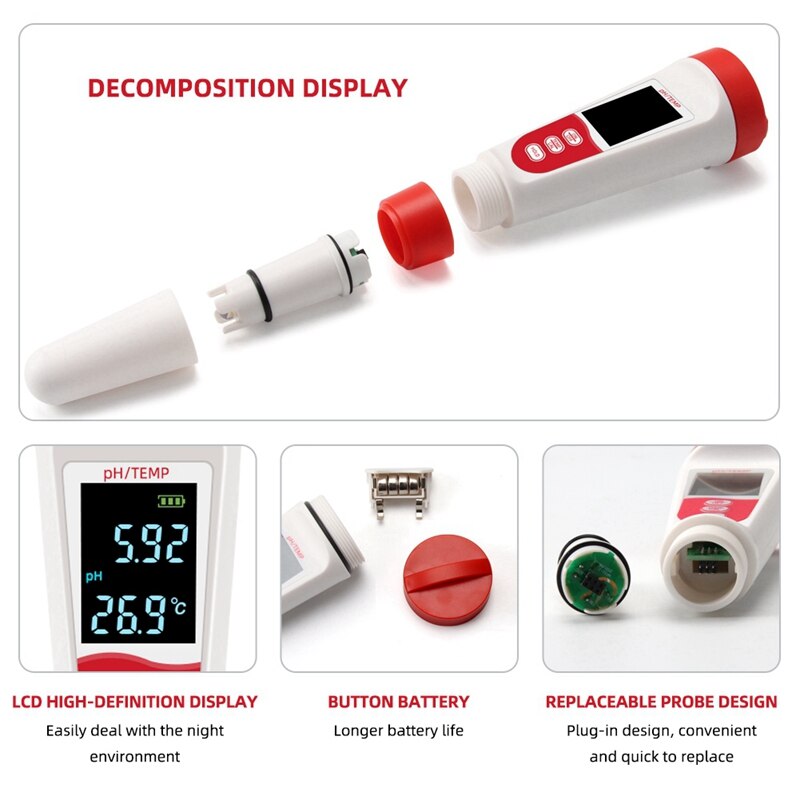 Temp PH Meter Digital Water Purity Tester Temperature Pen Acidometer Detector For Pool Laboratory Aquarium