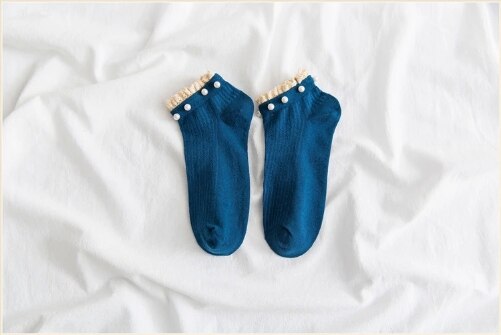 8 farver kawaii kvinder sokker perle blonder dejlig åndbar bomuld korte no show sexede korte sokker: Blå