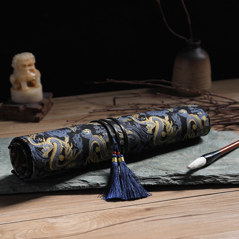 1 pc Der Antike Chinesische Stil Künstler Pinsel Tasche Wrap 10 Löcher Baumwolle Charateristic Muster Quaste Anhänger L S größen: Large Black Dragon