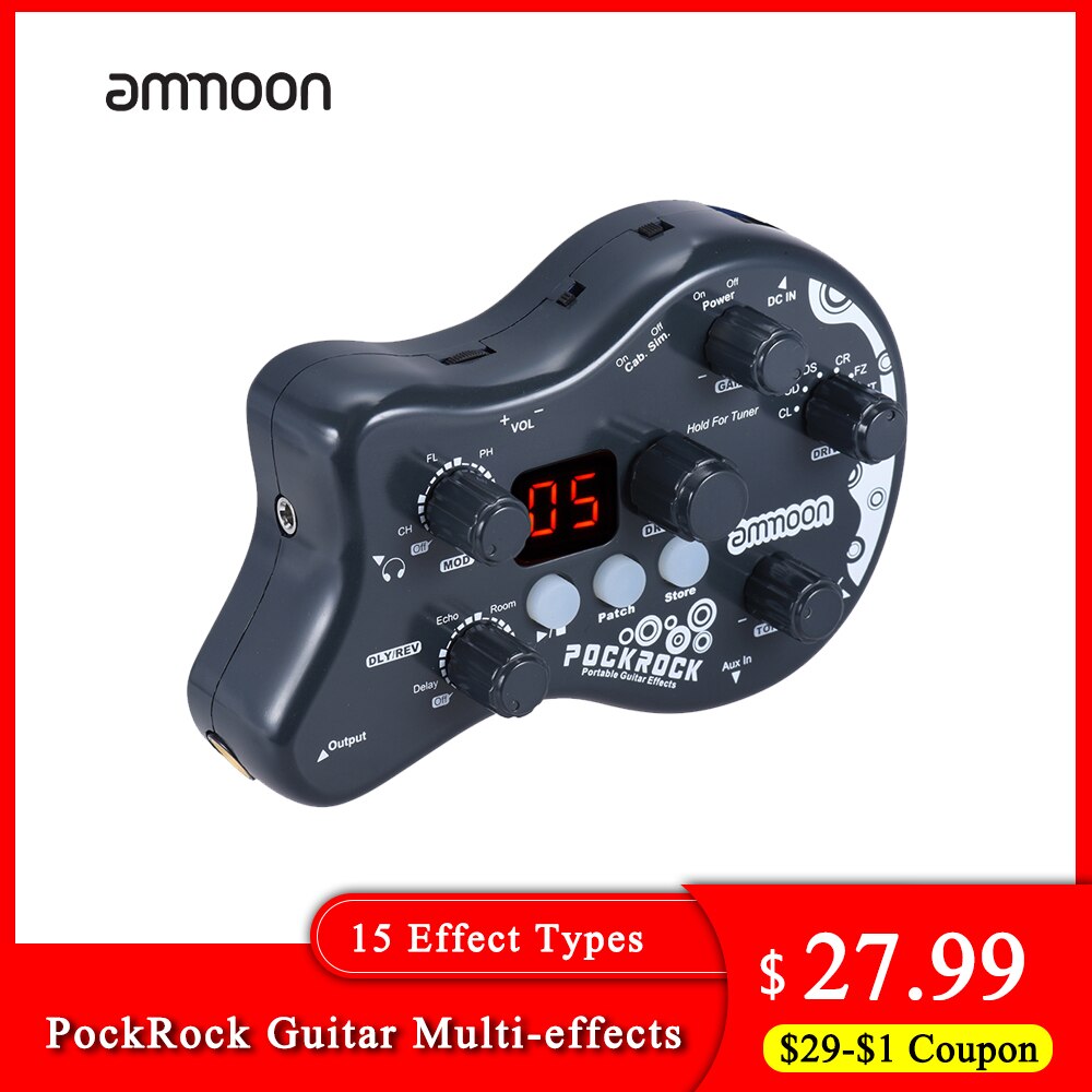 ammoon PockRock Guitar Multi-effects Processor Effect Pedal Guitar Pedal 15 Effect Types 40 Drum Rhythms with Power Adapter