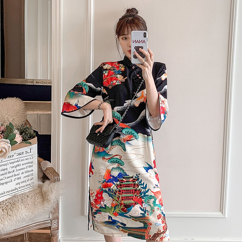 Vestido Cheongsam de talla grande XXL 3XL 4XL, moderna para mujer, informal, Qipao negro, ropa tradicional china